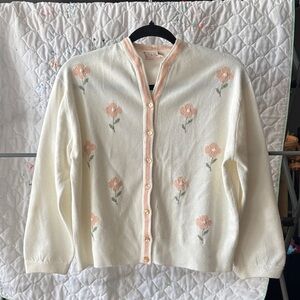 Floral Embroidered Cream Cardigan Sweater